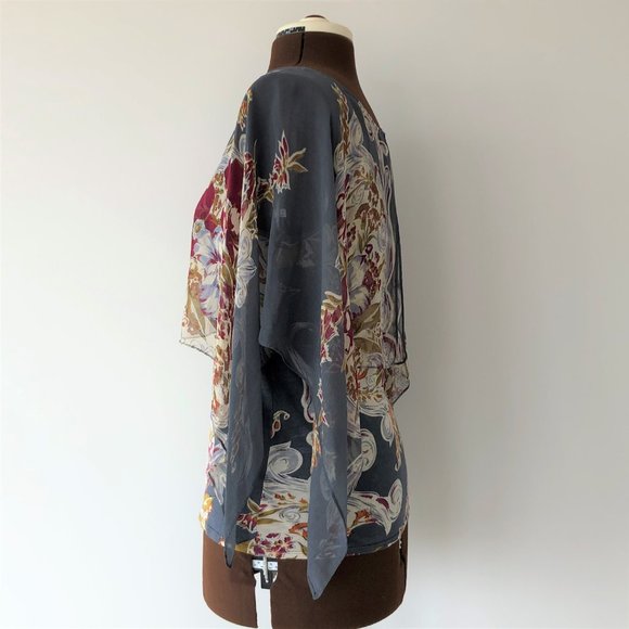 Grey Floral Printed Tank with Attached Silk Poncho - Picture 4 of 9